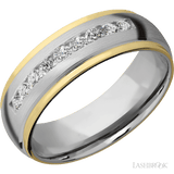 7 mm wide/Domed Stepped Down Edges/Cobalt Chrome band with two 1 mm Edge inlays of 14K Yellow Gold and featuring an arrangement of 9, .05 carat Round Diamond stones in a Channel setting - Diamonds By Rothschild