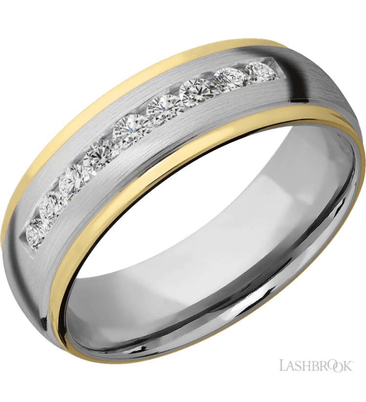 7 mm wide/Domed Stepped Down Edges/Cobalt Chrome band with two 1 mm Edge inlays of 14K Yellow Gold and featuring an arrangement of 9, .05 carat Round Diamond stones in a Channel setting - Diamonds By Rothschild