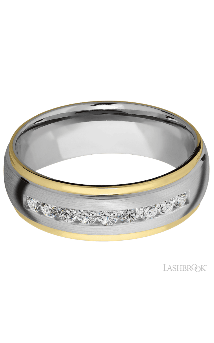 7 mm wide/Domed Stepped Down Edges/Cobalt Chrome band with two 1 mm Edge inlays of 14K Yellow Gold and featuring an arrangement of 9, .05 carat Round Diamond stones in a Channel setting - Diamonds By Rothschild