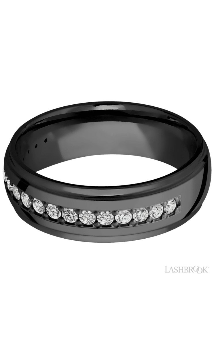 7 mm wide/Domed Stepped Down Edges/Zirconium band with a Half Eternity arrangement of .03 carat Round Diamond stones in a Bead setting. - Diamonds By Rothschild