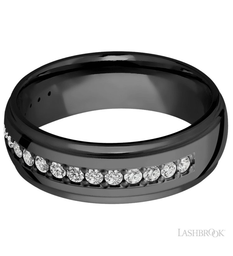 7 mm wide/Domed Stepped Down Edges/Zirconium band with a Half Eternity arrangement of .03 carat Round Diamond stones in a Bead setting. - Diamonds By Rothschild