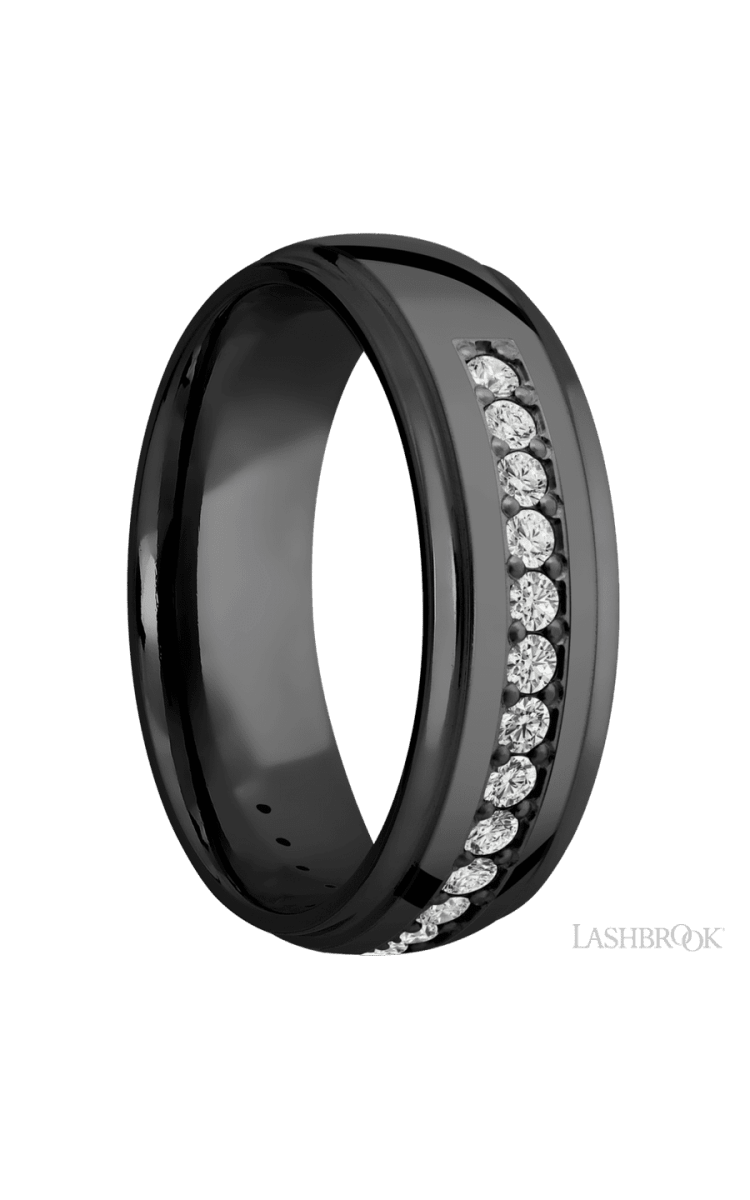 7 mm wide/Domed Stepped Down Edges/Zirconium band with a Half Eternity arrangement of .03 carat Round Diamond stones in a Bead setting. - Diamonds By Rothschild
