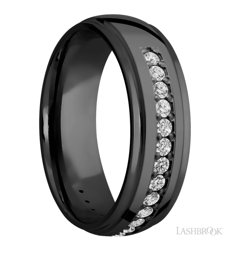 7 mm wide/Domed Stepped Down Edges/Zirconium band with a Half Eternity arrangement of .03 carat Round Diamond stones in a Bead setting. - Diamonds By Rothschild