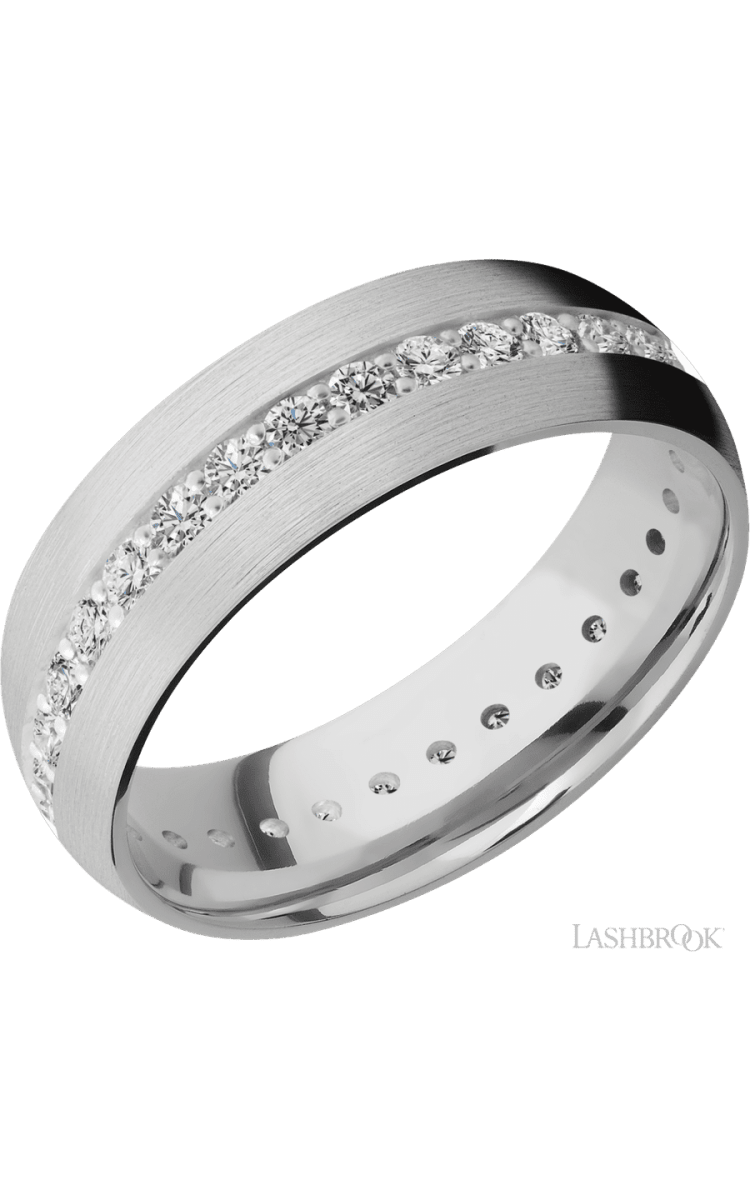 7 mm wide/Domed/14K White Gold band with an Eternity arrangement of .03 carat Round Diamond stones in a Bead Channel setting. - Diamonds By Rothschild