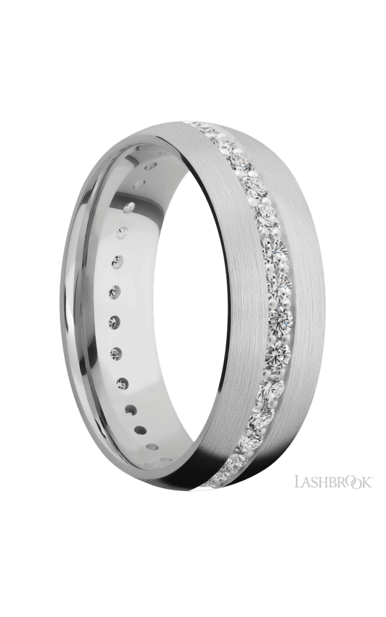 7 mm wide/Domed/14K White Gold band with an Eternity arrangement of .03 carat Round Diamond stones in a Bead Channel setting. - Diamonds By Rothschild