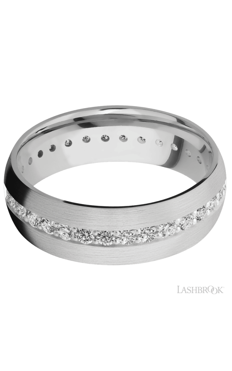 7 mm wide/Domed/14K White Gold band with an Eternity arrangement of .03 carat Round Diamond stones in a Bead Channel setting. - Diamonds By Rothschild
