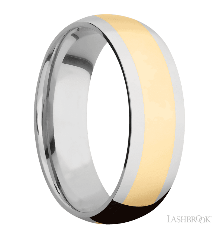 7 mm wide/Domed/14K White Gold band with one 4 mm Centered inlay of 14K Yellow Gold. - Diamonds By Rothschild