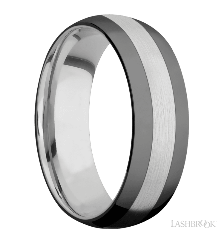 7 mm wide/Domed/Cobalt Chrome band with two 2 mm Double Off Center Edge inlays of Zirconium. - Diamonds By Rothschild