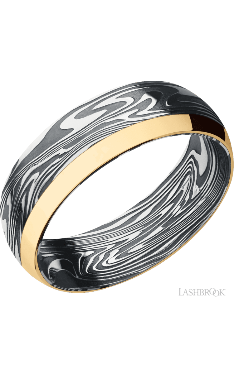 7 mm wide/Domed/Kinetic band with one 2 mm Off Center Edge inlay of 14K Yellow Gold. - Diamonds By Rothschild