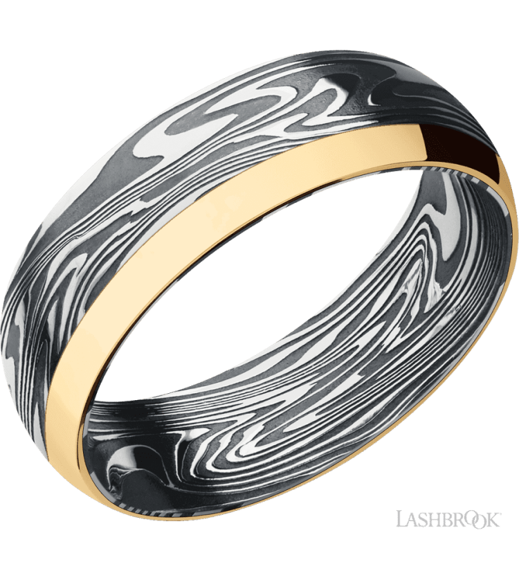7 mm wide/Domed/Kinetic band with one 2 mm Off Center Edge inlay of 14K Yellow Gold. - Diamonds By Rothschild