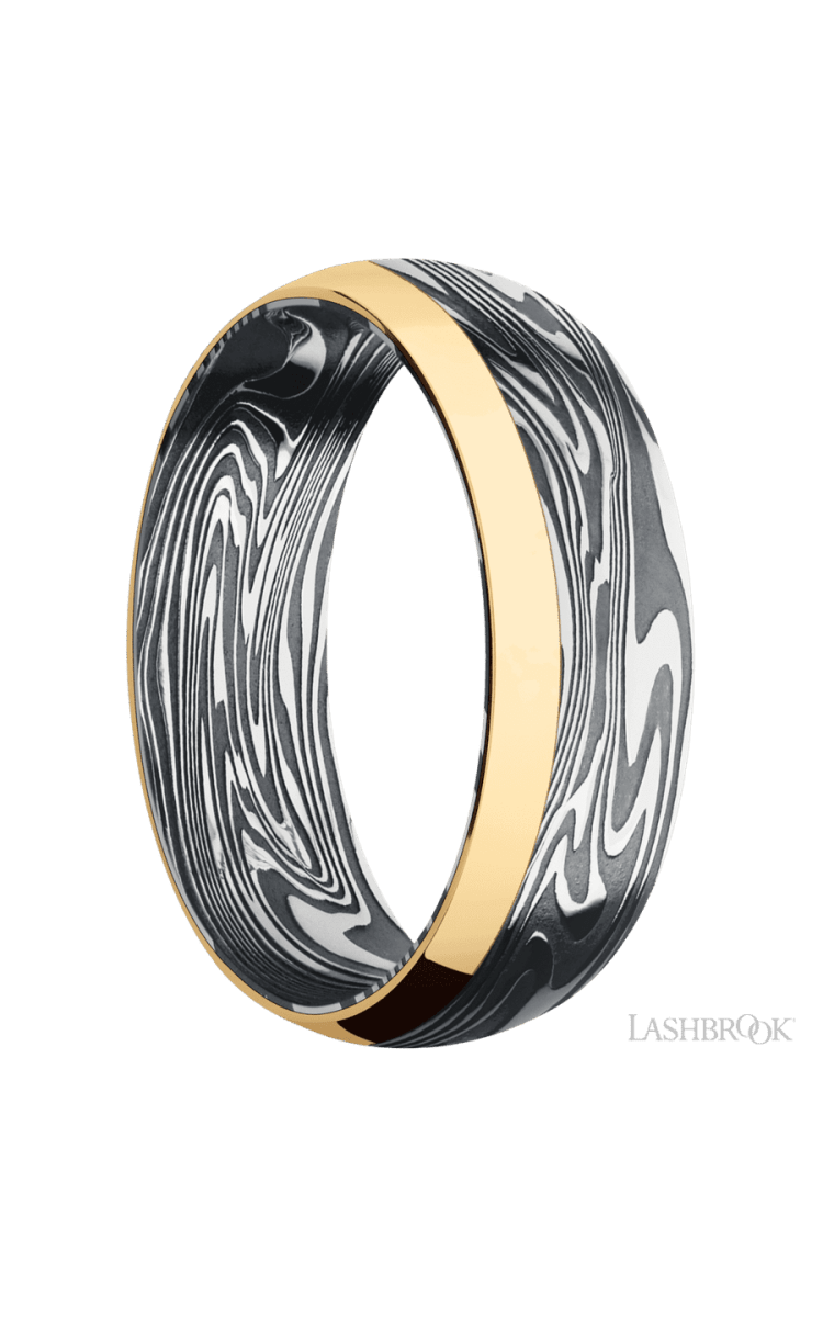 7 mm wide/Domed/Kinetic band with one 2 mm Off Center Edge inlay of 14K Yellow Gold. - Diamonds By Rothschild