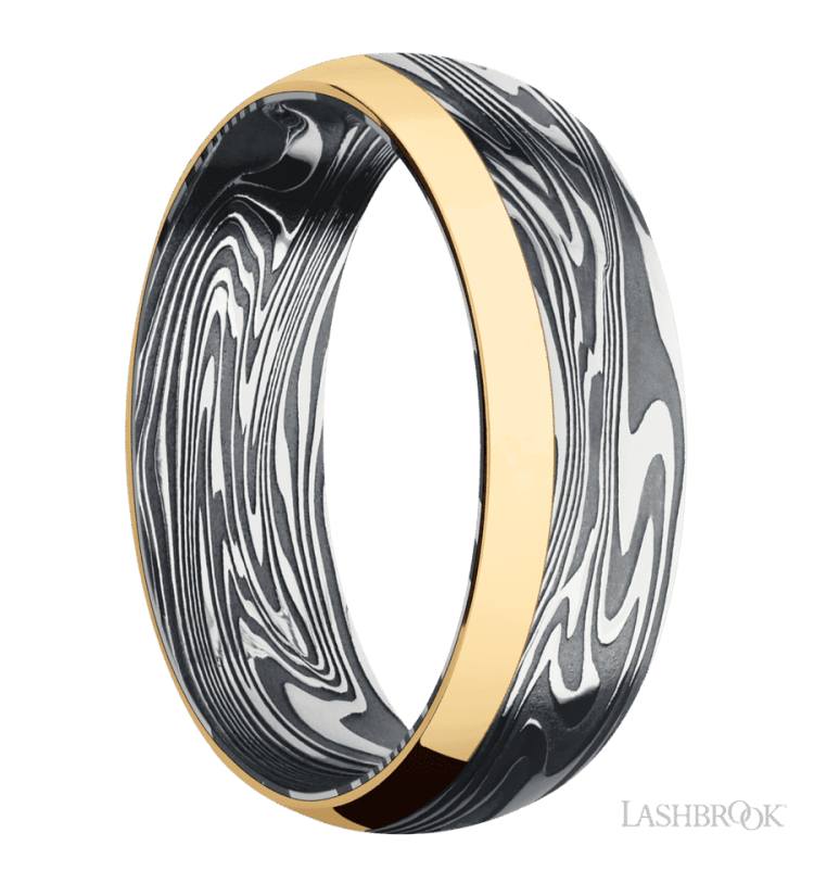 7 mm wide/Domed/Kinetic band with one 2 mm Off Center Edge inlay of 14K Yellow Gold. - Diamonds By Rothschild