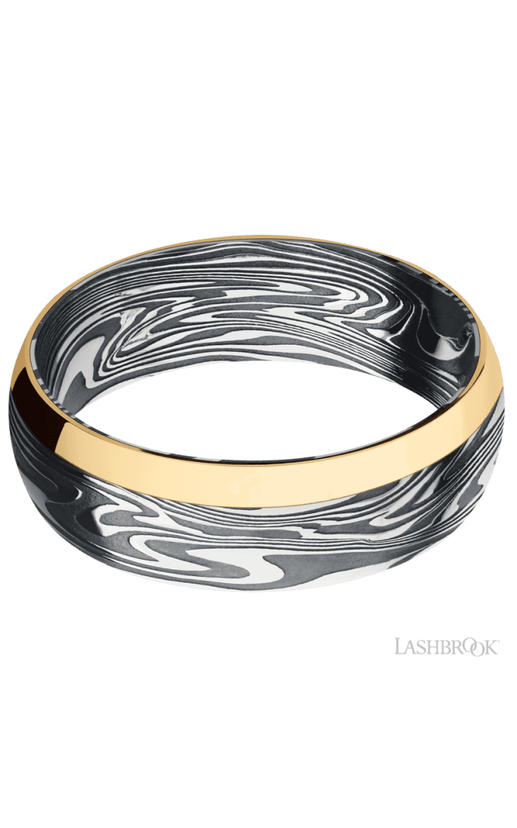 7 mm wide/Domed/Kinetic band with one 2 mm Off Center Edge inlay of 14K Yellow Gold. - Diamonds By Rothschild