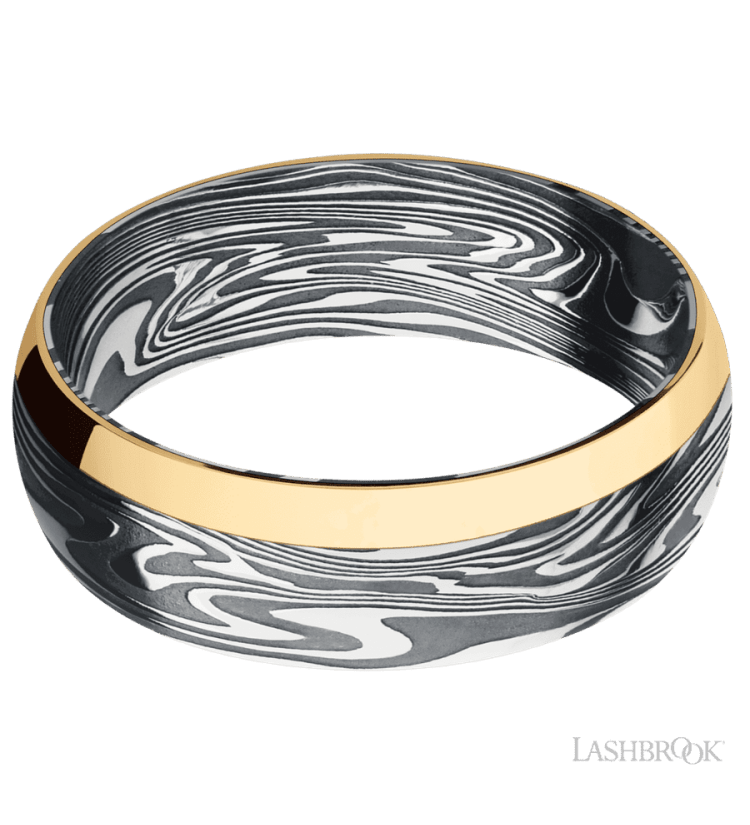 7 mm wide/Domed/Kinetic band with one 2 mm Off Center Edge inlay of 14K Yellow Gold. - Diamonds By Rothschild