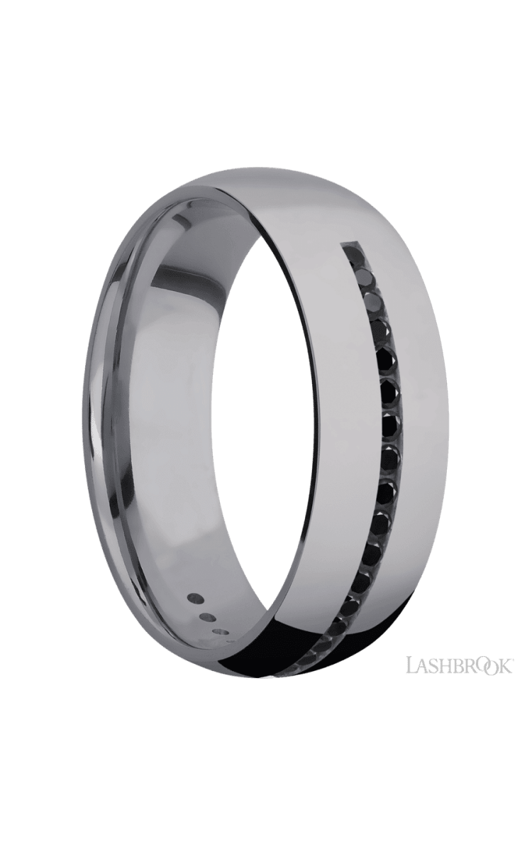 7 mm wide/Domed/Tantalum band with a Half Eternity arrangement of .015 carat Round Black Diamond stones in a Channel setting. - Diamonds By Rothschild