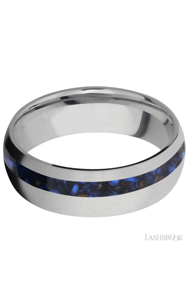 7 mm wide/Domed/Titanium band with one 2 mm Off Center inlay of Blue Tiger Eye. - Diamonds By Rothschild