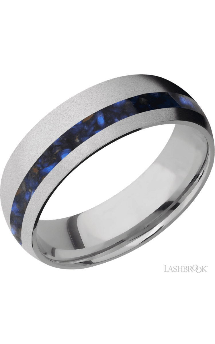 7 mm wide/Domed/Titanium band with one 2 mm Off Center inlay of Blue Tiger Eye. - Diamonds By Rothschild