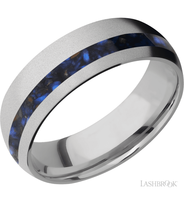 7 mm wide/Domed/Titanium band with one 2 mm Off Center inlay of Blue Tiger Eye. - Diamonds By Rothschild