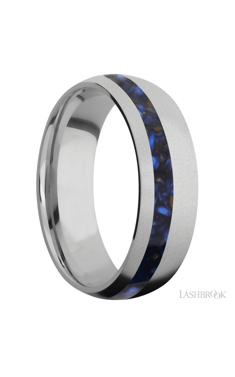 7 mm wide/Domed/Titanium band with one 2 mm Off Center inlay of Blue Tiger Eye. - Diamonds By Rothschild