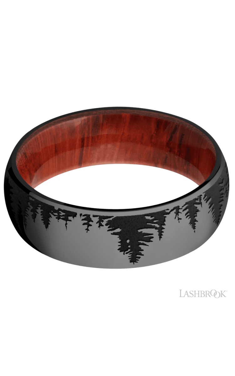 7 mm wide/Domed/Zirconium band with a laser carved Trees pattern also featuring a Padauk sleeve. - Diamonds By Rothschild