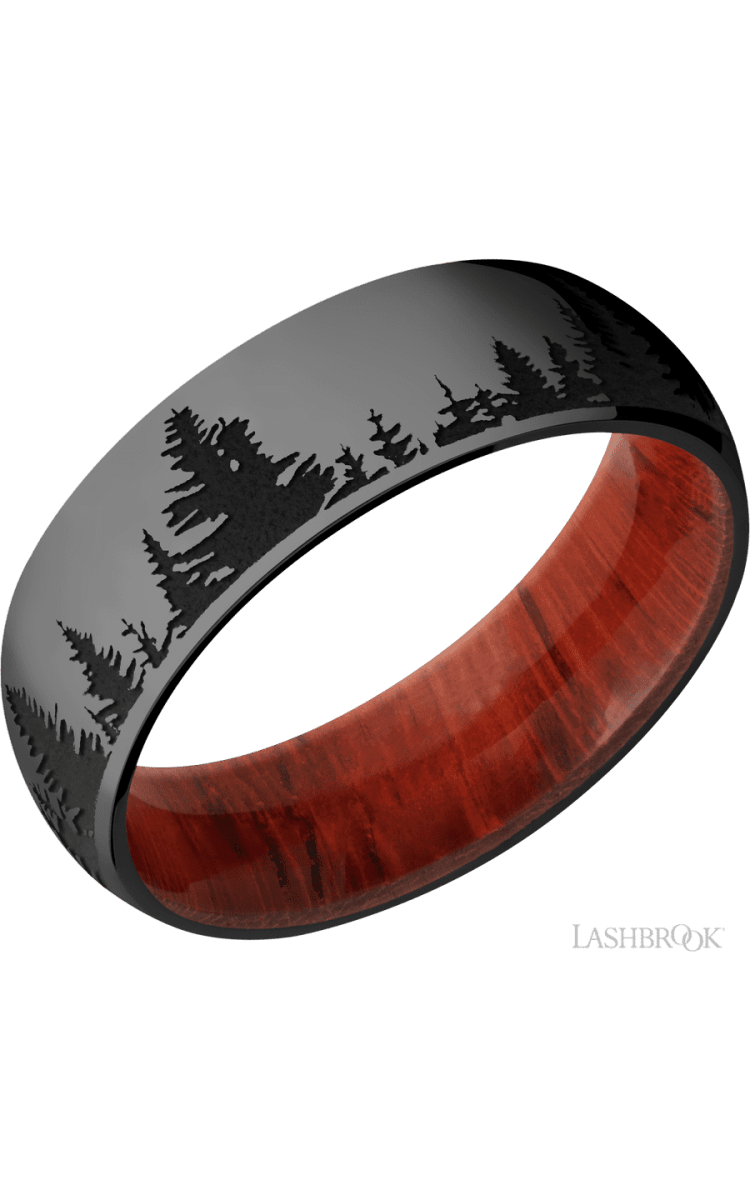 7 mm wide/Domed/Zirconium band with a laser carved Trees pattern also featuring a Padauk sleeve. - Diamonds By Rothschild