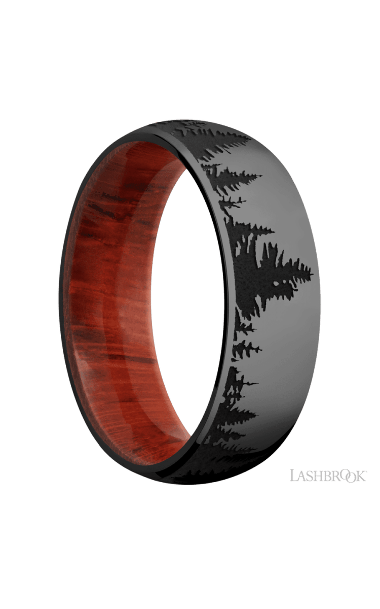 7 mm wide/Domed/Zirconium band with a laser carved Trees pattern also featuring a Padauk sleeve. - Diamonds By Rothschild