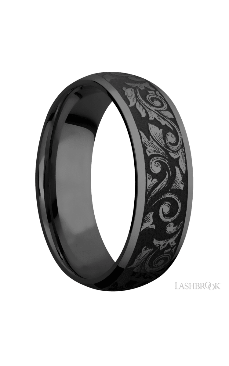 7 mm wide/Domed/Zirconium band with a laser carved Western Scroll pattern. - Diamonds By Rothschild