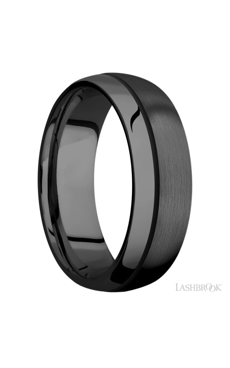 7 mm wide/Domed/Zirconium band with one 0.5 mm Off Center inlay of Black. - Diamonds By Rothschild