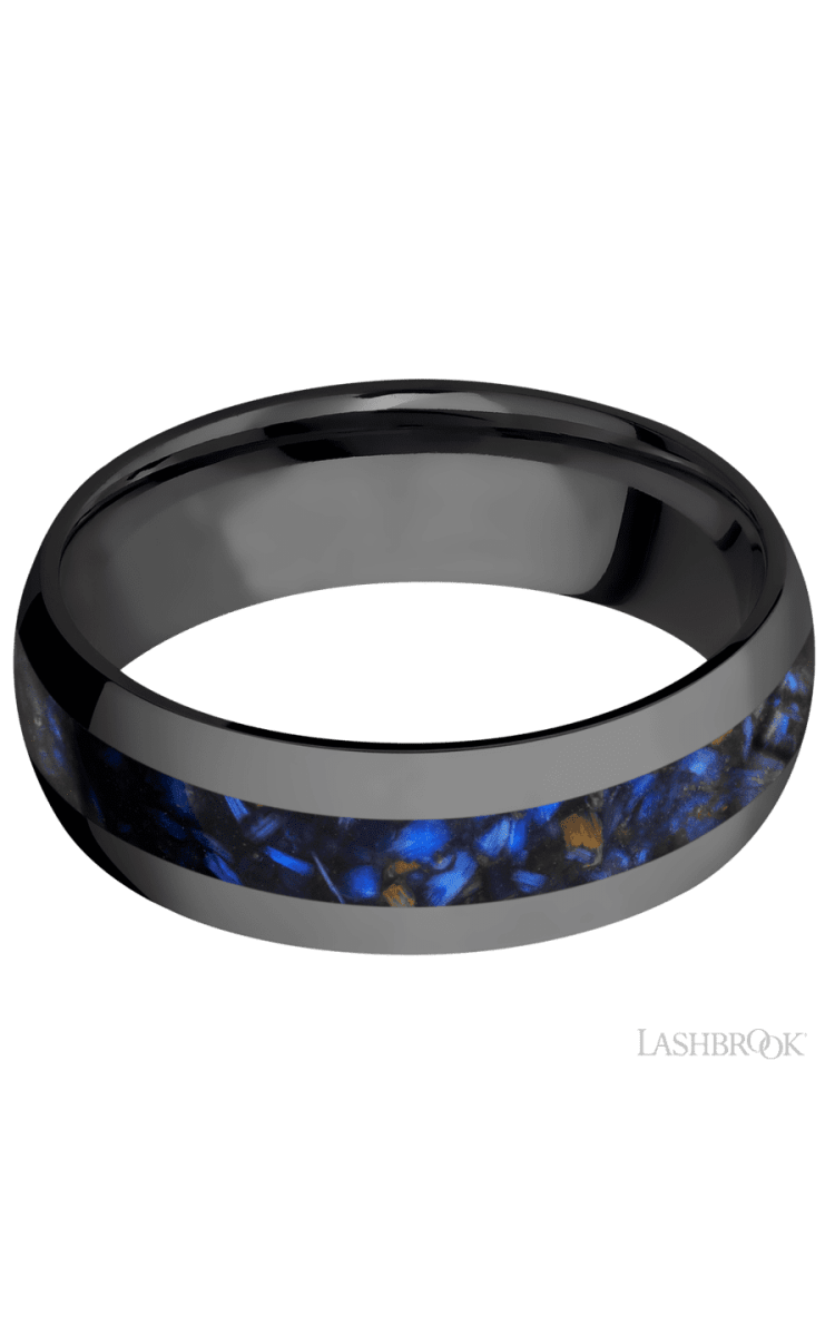 7 mm wide/Domed/Zirconium band with one 3 mm Centered inlay of Blue Tiger Eye. - Diamonds By Rothschild