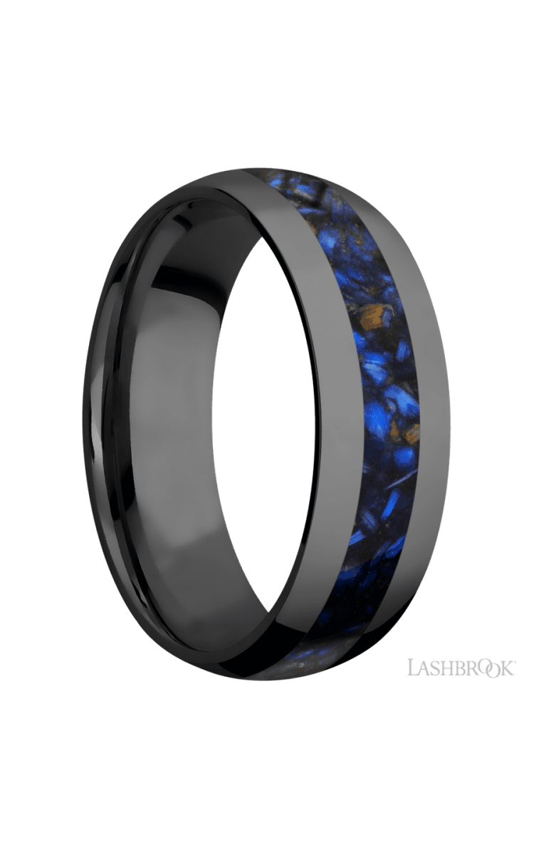 7 mm wide/Domed/Zirconium band with one 3 mm Centered inlay of Blue Tiger Eye. - Diamonds By Rothschild