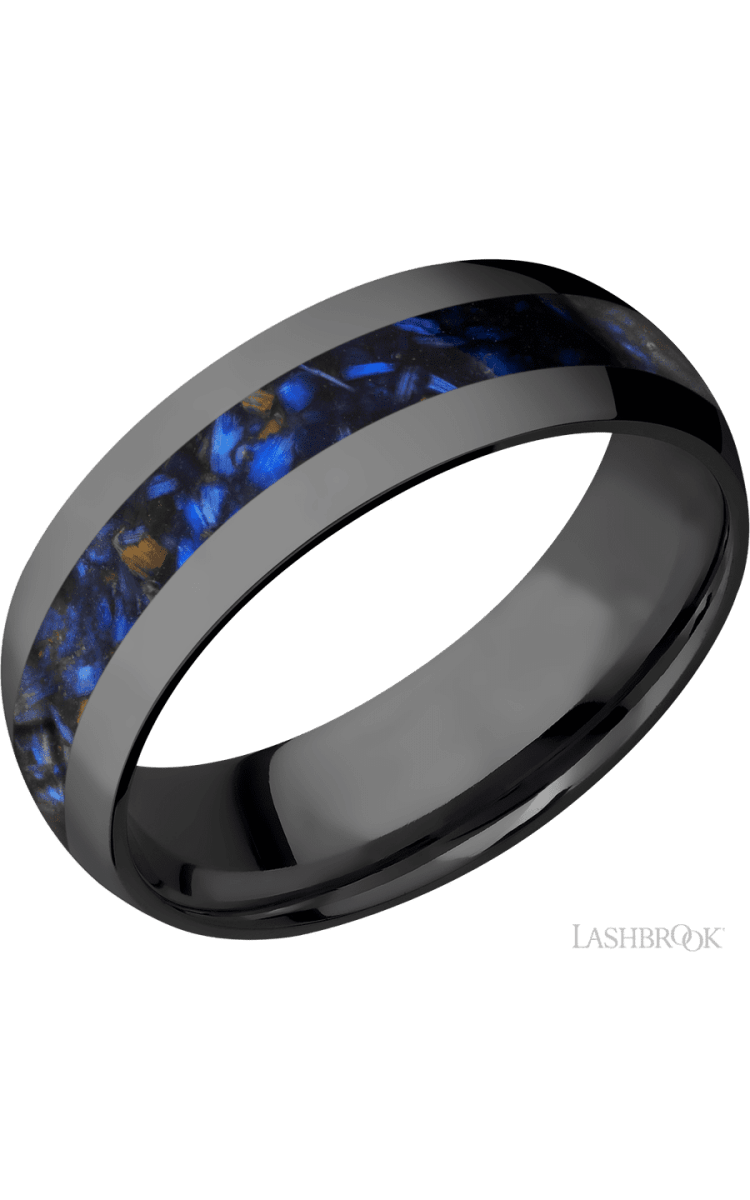 7 mm wide/Domed/Zirconium band with one 3 mm Centered inlay of Blue Tiger Eye. - Diamonds By Rothschild
