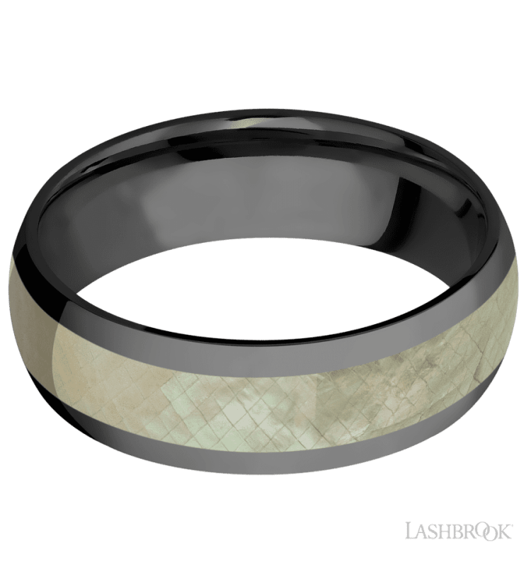 7 mm wide/Domed/Zirconium band with one 4 mm Centered inlay of Freshwater Mother of Pearl. - Diamonds By Rothschild