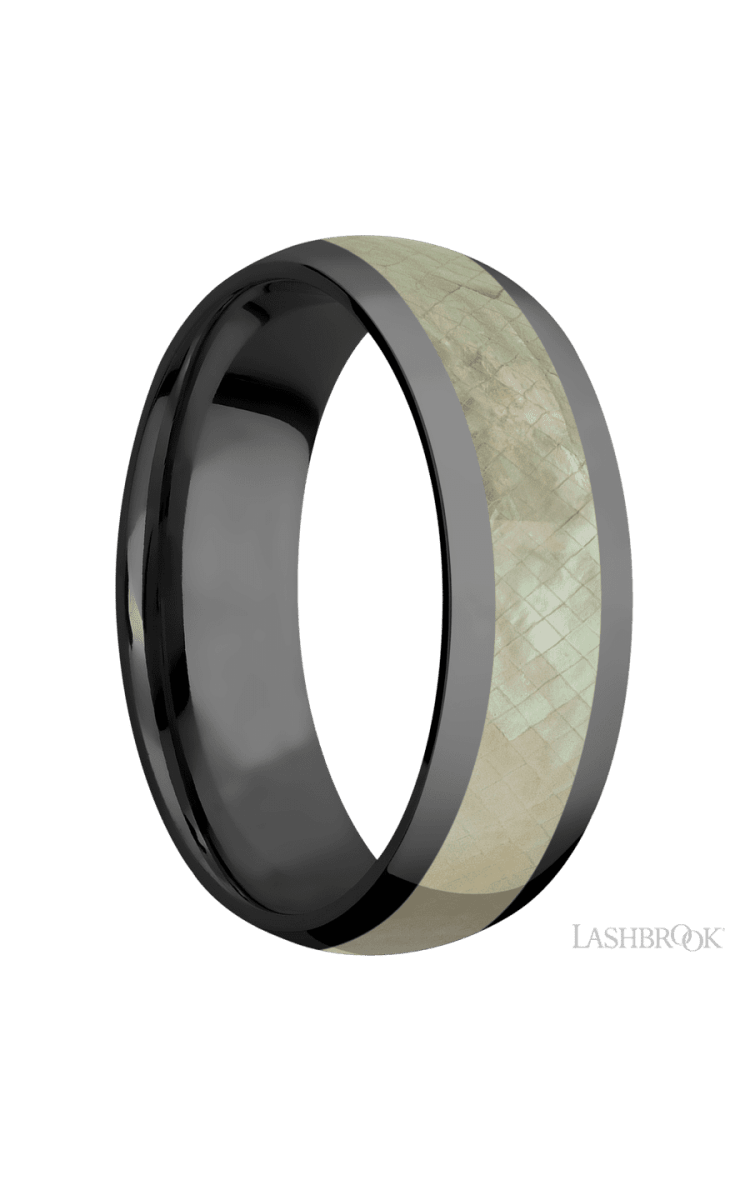 7 mm wide/Domed/Zirconium band with one 4 mm Centered inlay of Freshwater Mother of Pearl. - Diamonds By Rothschild