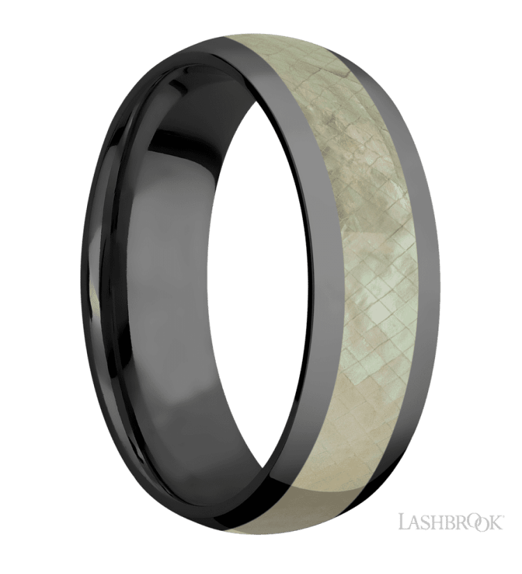 7 mm wide/Domed/Zirconium band with one 4 mm Centered inlay of Freshwater Mother of Pearl. - Diamonds By Rothschild