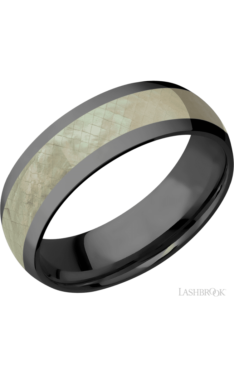 7 mm wide/Domed/Zirconium band with one 4 mm Centered inlay of Freshwater Mother of Pearl. - Diamonds By Rothschild