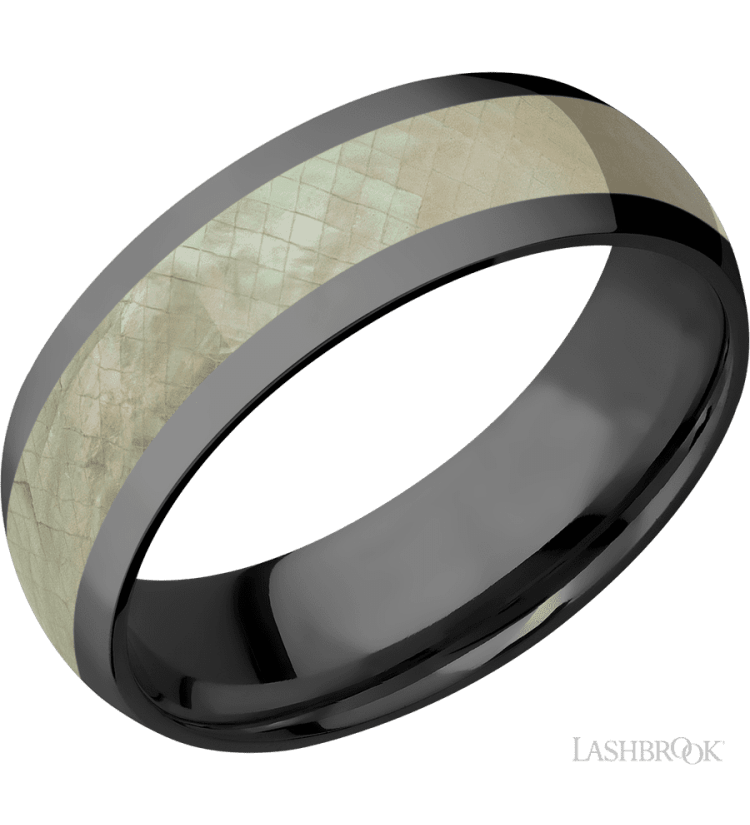 7 mm wide/Domed/Zirconium band with one 4 mm Centered inlay of Freshwater Mother of Pearl. - Diamonds By Rothschild