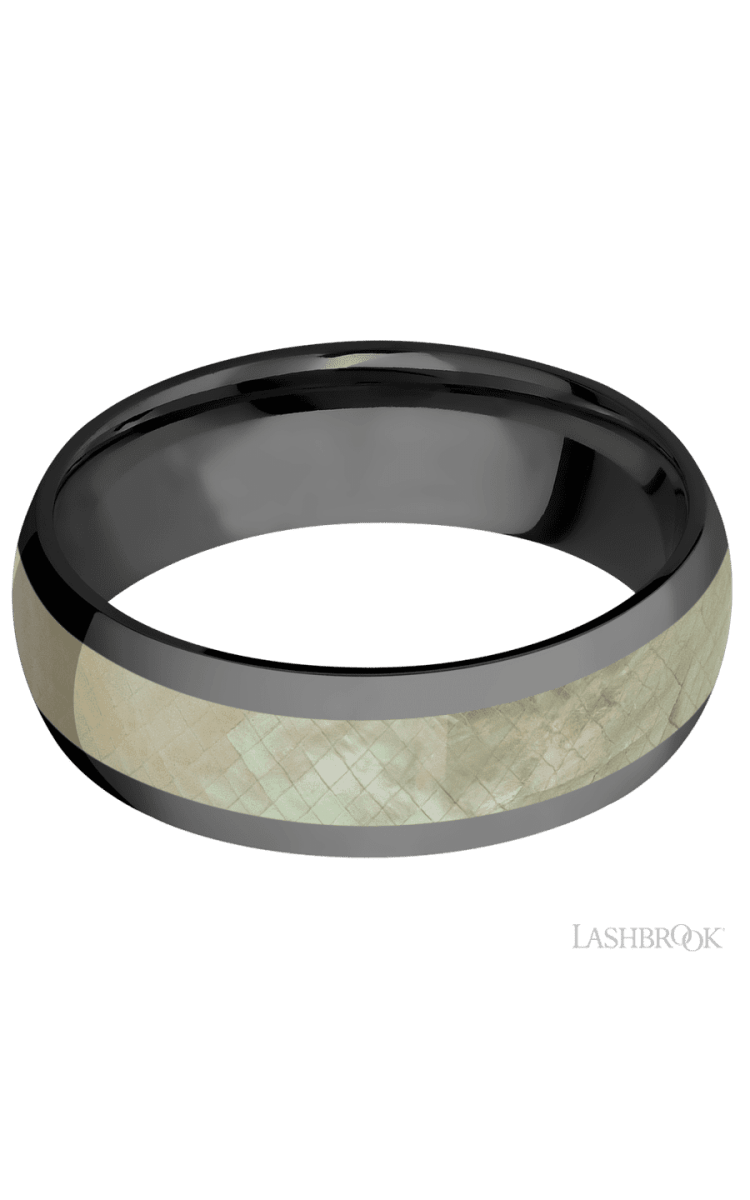 7 mm wide/Domed/Zirconium band with one 4 mm Centered inlay of Freshwater Mother of Pearl. - Diamonds By Rothschild