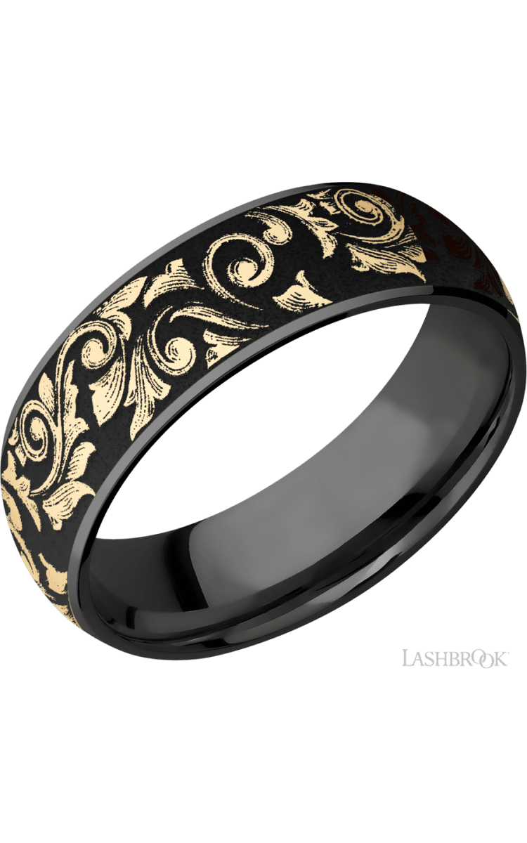 7 mm wide/Domed/Zirconium band with one 6 mm Centered inlay of 14K Yellow Gold with a laser carved Western Scroll pattern. - Diamonds By Rothschild
