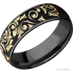 7 mm wide/Domed/Zirconium band with one 6 mm Centered inlay of 14K Yellow Gold with a laser carved Western Scroll pattern. - Diamonds By Rothschild