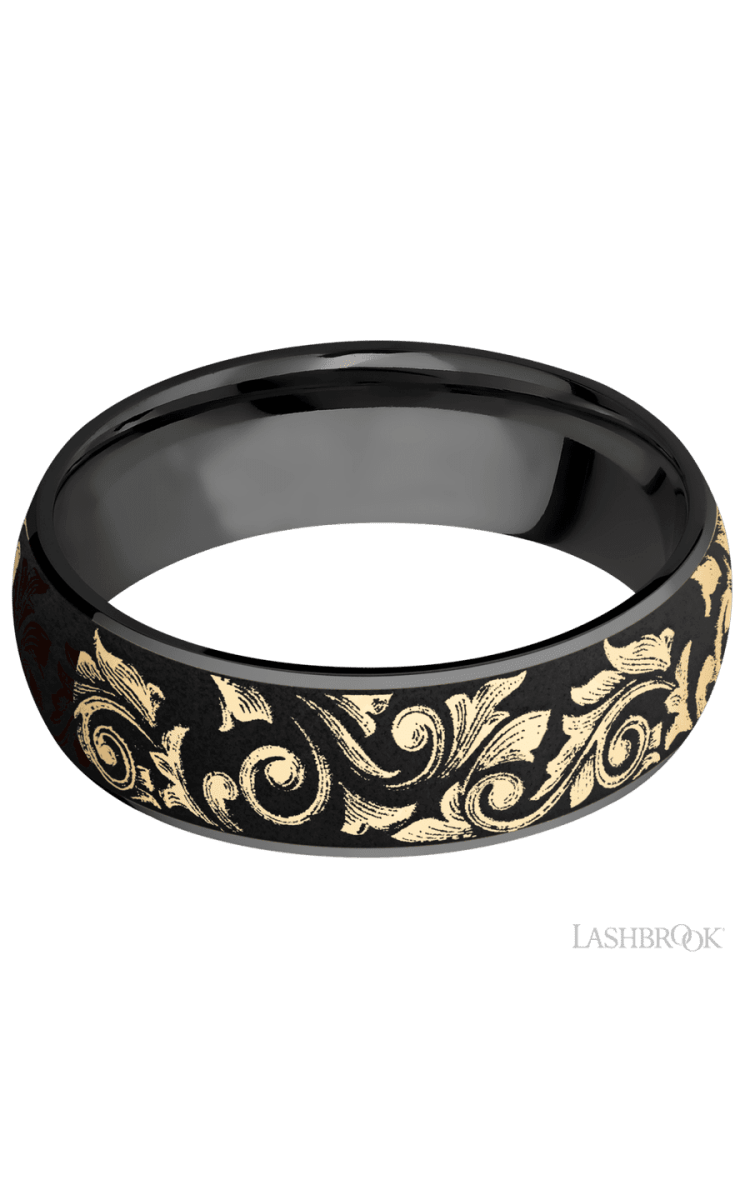7 mm wide/Domed/Zirconium band with one 6 mm Centered inlay of 14K Yellow Gold with a laser carved Western Scroll pattern. - Diamonds By Rothschild