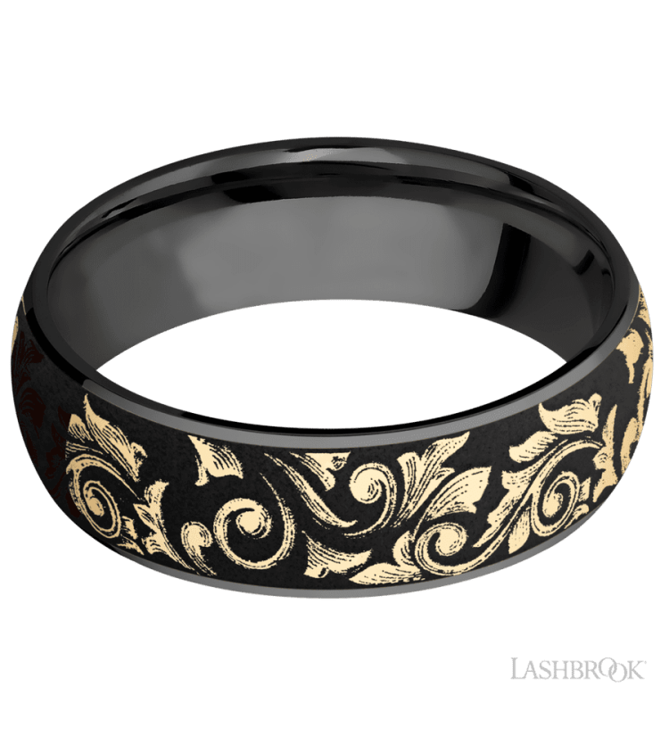 7 mm wide/Domed/Zirconium band with one 6 mm Centered inlay of 14K Yellow Gold with a laser carved Western Scroll pattern. - Diamonds By Rothschild