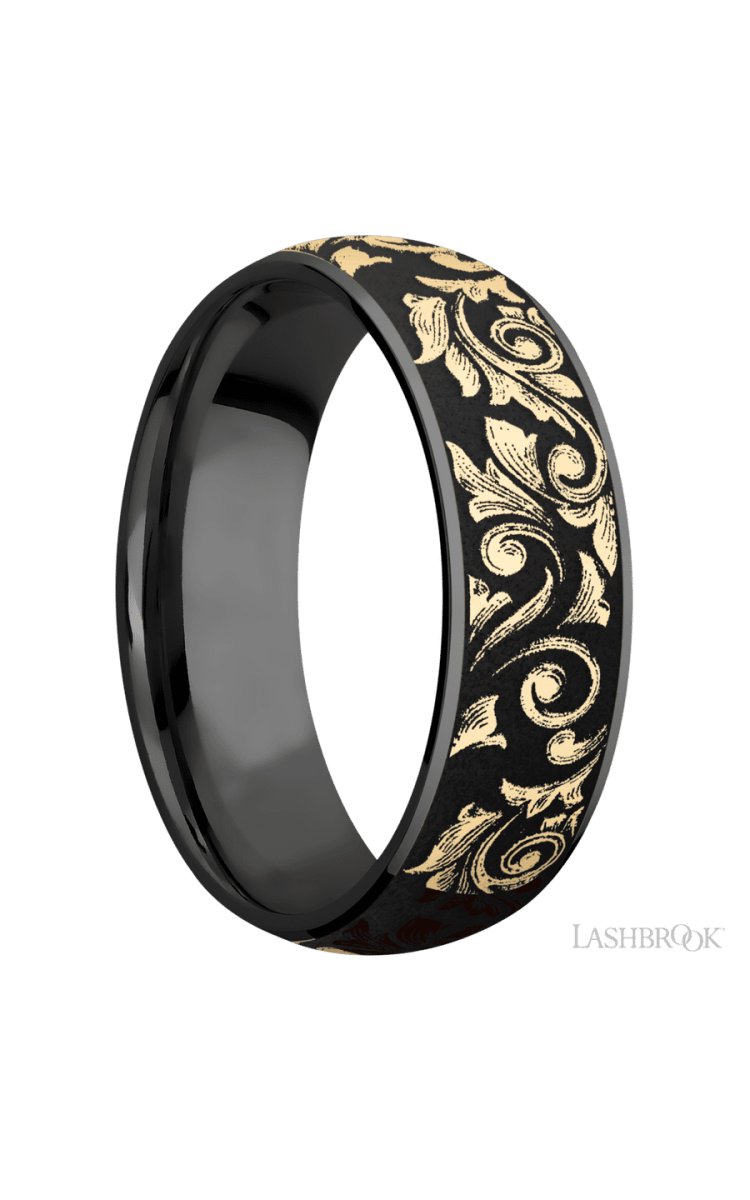 7 mm wide/Domed/Zirconium band with one 6 mm Centered inlay of 14K Yellow Gold with a laser carved Western Scroll pattern. - Diamonds By Rothschild