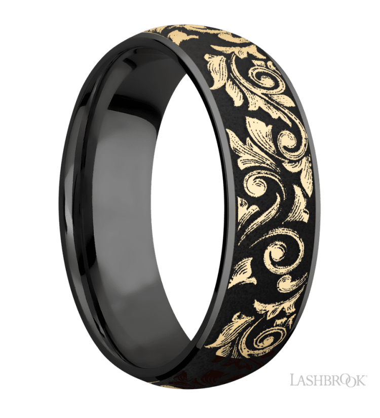 7 mm wide/Domed/Zirconium band with one 6 mm Centered inlay of 14K Yellow Gold with a laser carved Western Scroll pattern. - Diamonds By Rothschild
