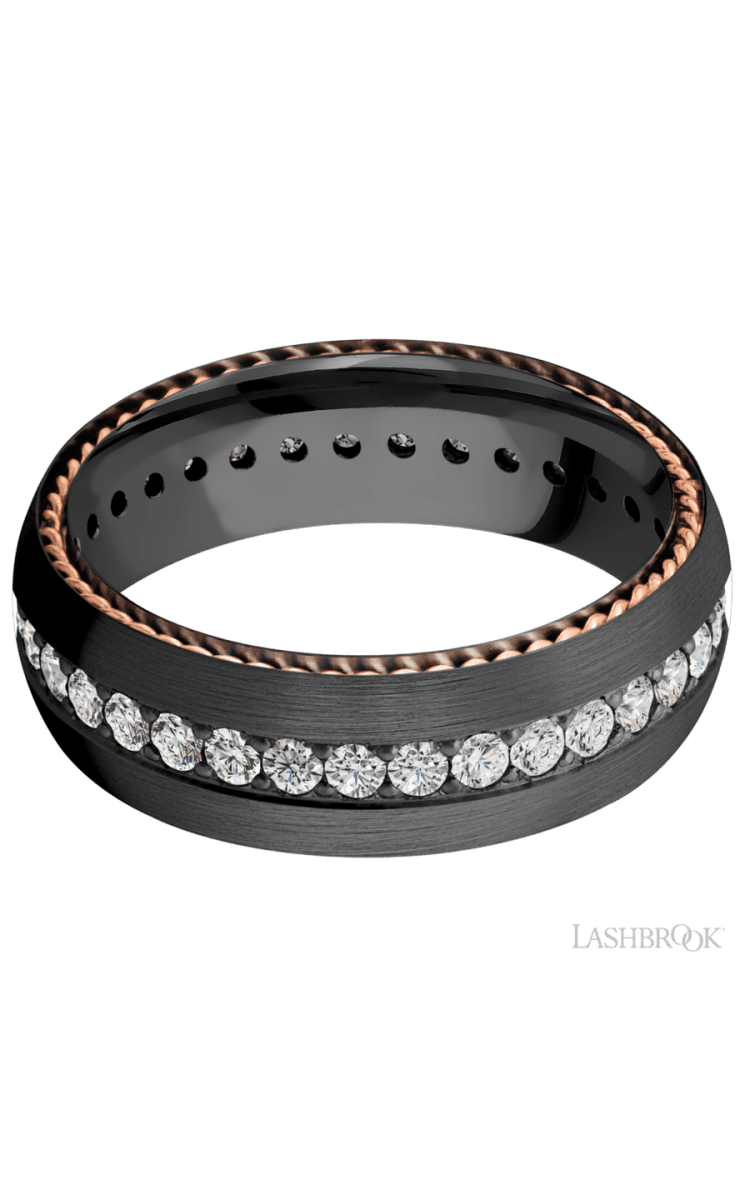7 mm wide/Domed/Zirconium band with two 1 mm Sidebraid inlays of 14K Rose Gold and featuring an Eternity arrangement of .03 carat Round Lab Grown Diamond stones in a Bead setting - Diamonds By Rothschild