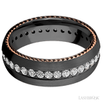 7 mm wide/Domed/Zirconium band with two 1 mm Sidebraid inlays of 14K Rose Gold and featuring an Eternity arrangement of .03 carat Round Lab Grown Diamond stones in a Bead setting - Diamonds By Rothschild