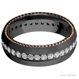 7 mm wide/Domed/Zirconium band with two 1 mm Sidebraid inlays of 14K Rose Gold and featuring an Eternity arrangement of .03 carat Round Lab Grown Diamond stones in a Bead setting - Diamonds By Rothschild