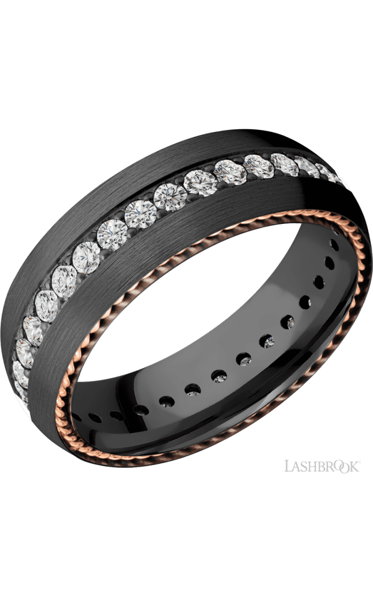 7 mm wide/Domed/Zirconium band with two 1 mm Sidebraid inlays of 14K Rose Gold and featuring an Eternity arrangement of .03 carat Round Lab Grown Diamond stones in a Bead setting - Diamonds By Rothschild