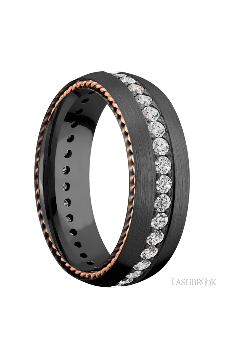 7 mm wide/Domed/Zirconium band with two 1 mm Sidebraid inlays of 14K Rose Gold and featuring an Eternity arrangement of .03 carat Round Lab Grown Diamond stones in a Bead setting - Diamonds By Rothschild