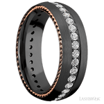 7 mm wide/Domed/Zirconium band with two 1 mm Sidebraid inlays of 14K Rose Gold and featuring an Eternity arrangement of .03 carat Round Lab Grown Diamond stones in a Bead setting - Diamonds By Rothschild