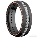 7 mm wide/Domed/Zirconium band with two 1 mm Sidebraid inlays of 14K Rose Gold and featuring an Eternity arrangement of .03 carat Round Lab Grown Diamond stones in a Bead setting - Diamonds By Rothschild